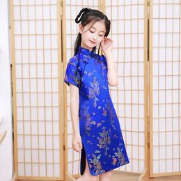 Girl's Dresses Phoenix Pattern Girl Gift Silk Comfort Girls Cheongsam Kids Traditional Dress Cheongsam Chinese Style Dress Girls SkirtL240508