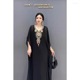 2pcs Set Summer Kaftan Terengganu Black Chiffon Dress Embroidery Splicing Loose European Version Large Beach Holiday