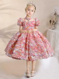 Girl's Dresses Yoleyolei 3D Flower Party Dress Girl Necklace Design with Adjustable Drawstring Lower Leg Length for Eid DressL240508