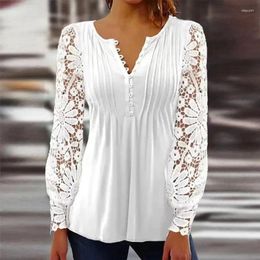 Women's Blouses Fashion Hollow Out Woman Lace Blosue Long Sleeve Tops V Neck Solid Pleated Vintage Women Casual Slim White Shirt 24815