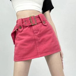 Skirts Summer Vintage Y2K Rose Denim Short Skirt Korean Harajuku High Waist Thin A-line Mini With Belt For Women Gothic Clothes
