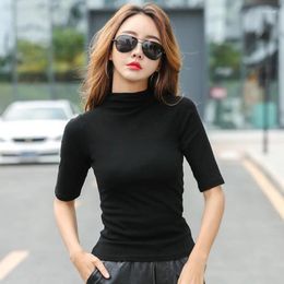 Women's T Shirts 2024 Brand Womens Half High Collar T-Shirt Mid-sleeved Shirt For Female Woman Clothing Thin Tops T-shirts