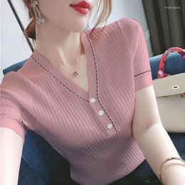 Women's T Shirts Summer Season Ice Silk V-Neck Short Sleeved T-shirt Korean Fashion Solid Slim Versatile Button Thin Knitted Top