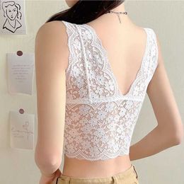 Women's Tanks Lace Bras Top Women Sexy Deep V Neck Lingerie Wire Free Tank Tops Female Underwear V Back Bralette Tops Paddedole