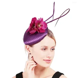 Purple Party Occasion Headpiece Satin Wedding Fascinator Hats Elegant Women Ladies Floral Headwear With Hair Clips Accessories