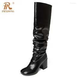 Boots PRXDONG Women's Shoes Brand Autumn WInter Warm Knee High Square Heel Round Toe Black Beige Dress Party Lady