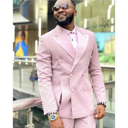Men's Suits Blazers Pink mens custom double breasted groom evening dress wedding Terno Masculino Prom Come Homeme Italien 2PCS (Trailblazer+pants) Q240507
