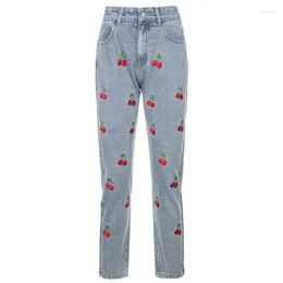 Women's Jeans Women High Waisted Pencil Cute Cherry Embroidered Denim Straight Long Pants Harajuku Slim Trousers With Pockets
