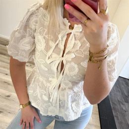 Women's Blouses White Floral Embroidery Lace Up Short Sleeves Shirt For Women Elegant Loose Bow Puff Sleeve Top Chic Female Streetwear
