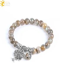 CSJA Natural Labradorite Spectrolite Women Bracelets Bangles Gemstone Mala Beads Tree of Life Charm Reiki Healing Meditation Jewel4439737