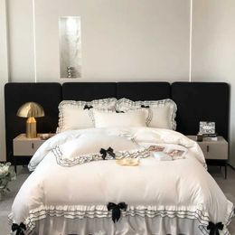 Bedding sets Fashionable multilayer ruffled 346piece white down duvet cover set soft ultrafine fiber girls bed with cute bow shaped bed sheets and pillowcases J2405