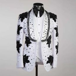 Men's Suits Blazers Luxury mens wedding tailcoat heavy-duty black bead stickers set formal party ball jacket 3 pieces of white banquet dress Q240507