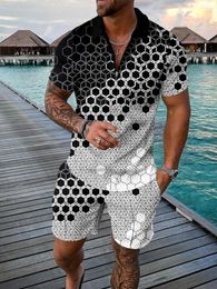 Men's Tracksuits Summer Printed Zipper Casual Lapel Short Sleeve Set 3D Retro Polo Shirt Street T-shirt Shorts Sports Cool Two Piece