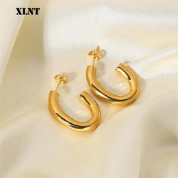 Hoop Earrings XLNT Stainless Steel Thick Cylindrical Tube Hollow For Women Ear Clip Chunky Metal Geometric Round Fashion Jewelry