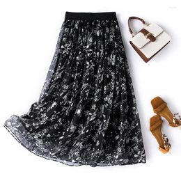 Skirts Women's High-Waist Long Skirt Mulberry Silk Printing Umbrella A-line Elastic Elegant Fashion Summer 2024