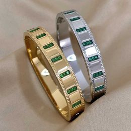 Bangle 316L Stainless Steel Geometric Green Zircon Bangles Bracelets for Women Cuff Fashion Wrist Jewelry Gifts Accessories T240509