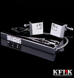 KFLK Cuff links Good High Quality silver necktie clip for tie pin for men White Crystal tie bars cufflinks tie clip set Jewelry7609687