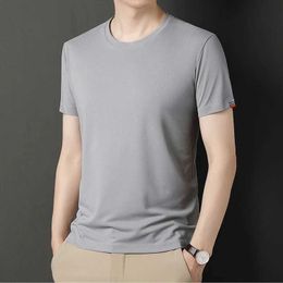 Men's T-Shirts New mens round neck solid color short sleeved T-shirt with brown cuffs fashionable and comfortable breathable elastic H240508