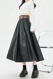 Skirts Elegant Women Long Faux Leather Belt PU For OL Casual Loose A-Line High Waist Midi Skirt 2024 Autumn Winter SK90