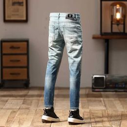 Men's Jeans Motorcycle Mens High-End Stitching Design Fashionable All-Match Patch Gradient Color Retro Fashion Haulage Motor Trousers Q240509