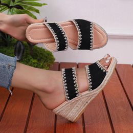 Slippers Flip Flops Ladies Solid Colour Retro Cloth High Heeled Thick Bottom Large Size Slope Heel Sandal Zapatos Mujer