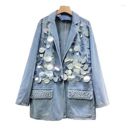 Women's Jackets Autumn Fashion Big Sequins Diamond Pockets Notched Collar Single Breasted Blazer Femal Jeans Jacket Mid Long Denim Suit Coat