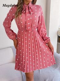 Casual Dresses Magdalyn Boho Polka Dot Female Fasion Elegant Street Dress Long Sleeve Lace Up Tied Bow Holiday One-Piece Pleated Skirts