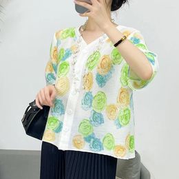 Women's Blouses Miyake Pleated 2024 Summer Style Printed Mid-sleeve Thin Shirt Tops Loose Design Clothes For Women