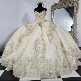 Light Champagne Quinceanera Dresses 2024 Off the Shoulder Lace Applique Tulle Ball Gown Birthday Party Sweet 16 Vestidos De 15 Anos 0509