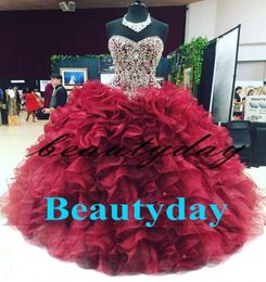 Burgundy Quinceanera Dresses Sweet 16 Prom Dresses Beaded Ball Gown Corset Back Debutante Gowns Beads Crystal Birthday Party Vesti8792816