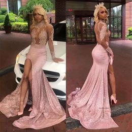 Long Sleeves High Neck Mermaid Prom Dresses 2023 Pink Black Girls Lace Applique Split Backless Sweep Train Evening Gowns 0509