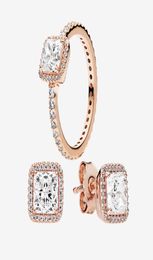 Square CZ diamond elegant RING and EARRING set Rose gold for Real 925 Silver Wedding Rings Stud Earring with Original box1810666