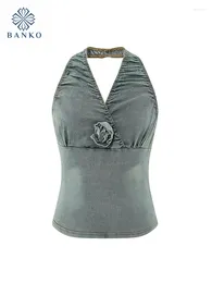 Women's Tanks Kawaii Women Denim Tank Top Blue Off Shoulder Vest Spring Summer Elegant 3D Flower Camisole Streetwear 2000s Aesthetic