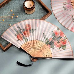Chinese Style Products 1pc Chinese Style Plain Elegant Bone Bamboo Fan Ancient Tang Hollowed Tassel Folding Fan Peach Blossom Silk Cloth Crafts Fans