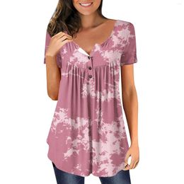 Women's T Shirts Short Sleeve Tunic Loose Tops Casual Plus Size Pleated Button Summer Floral Tie For Women