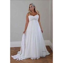 Plus Size Casual Beach Wedding Dresses 2021 Spaghetti Straps Beaded Chiffon Floor Length Empire Waist Elegant Bridal Gownse 0509