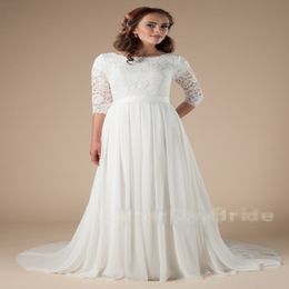 New Lace Chiffon Long Modest Wedding Dresses With Lace Sleeves Informal Reception lDS Bridal Gowns Custom Made Boho Bridal Gowns 244k