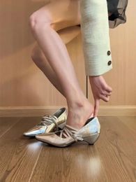Dress Shoes Silver Shaped Heel Mary Jane French Style Pointed Toe High Heels Temperament Pumps Strappy Women Sandalias Mujer