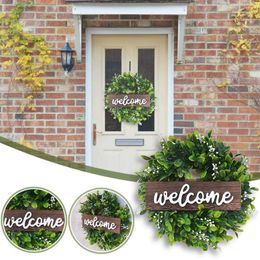 Decorative Flowers Wreaths Green Eucalyptus Wreath with Welcome Sign Artificial Spring Summer Wreath for Front Door Wall Window Festival Farmhouse Decor