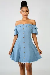 Party Dresses Off Shoulder Dress Women 2024 Summer Korean Style Vintage Short Sleeve Slash Neck Slim A Line Blue Denim Vestidos