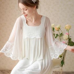 Women's Sleepwear Embroidered Lace Mesh Night Dress Women Fairy Sweet White Long Sleeve Peignoir Nightwear Victorian Nightgowns Princess