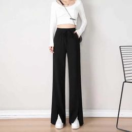 Women's Pants Capris Black Drape Ice Silk Cotton Wide Leg Pants Womens Spring and Summer High Waist Loose Side Split Vertical Casual Straight Pants Y240509