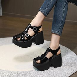 Sandals Summer Punk Style 10 CM High Heels Platform Square Toe Cut Out Narrow Band Belt Buckle Genuine Leather Women Modern