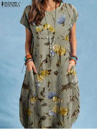 Basic Casual Dresses ZANZEA Womens Summer Bohemian Floral Print Vittorio O-Neck Short Sleeve Pockets Sundress Fashion Casual Elegant Holiday Robe XW