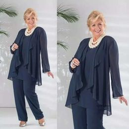 Navy Blue Mother of the Bride Pant Abito con Giacca a maniche lunghe Plus Abiti da sera 0509