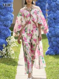Casual Dresses VGH Hit Colour Floral Printing Loose Dress For Women V Neck Long Sleeve High Waist Split Female Fashion