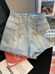 Women's Shorts 2000s Aesthetic Sexy Denim Shorts Gyaru Hight Waist Washed Blue Jean Shorts Hiphop Fashion Button Hot Pants Korean Strtwear Y240504