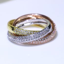 Triple Circles Gold Rose Gold Silver Ring Three Colors Luxury Jewelry 925 Silver Pave CZ Ring Women Wedding Finger Rings For Lovers Gif 269H