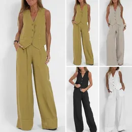 Women's Two Piece Pants Breathable Women Suit Stylish Cotton Linen Set With Sleeveless Vest Wide Leg For Office Or Casual Wear