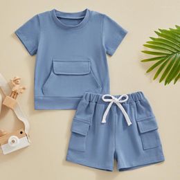 Clothing Sets 0-36months Baby Boy Summer 2 Piece Outfits Short Sleeve Front Pocket Tops Elastic Waist Cargo Shorts Infant Boys Solid Colour